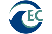 A circular logo featuring a stylized wave in dark blue and teal, with the letters 'EC' in teal overlapping the right side of the wave. The background is light gray.