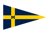 A triangular navy pennant with a gold cross and a blue 'M' at the center left, resembling both the University of Michigan logo and the Swedish flag.