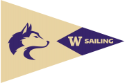 A triangular flag with a purple husky head on a tan background on the left, and a purple tip on the right featuring a gold 'W' and the word 'SAILING' in white.