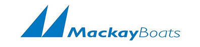 Logo for MackayBoats, featuring two blue abstract sail shapes and the text 